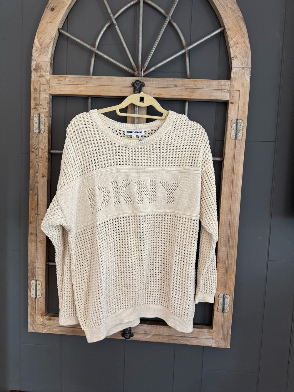DKNY Beige Open-Knit Logo Crewneck Sweater